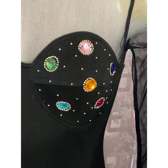 Vtg 90’s Black Sheer Crotch Snap Bodysuit Embellished Jewels Dance Stretch Med. - Picture 6 of 16